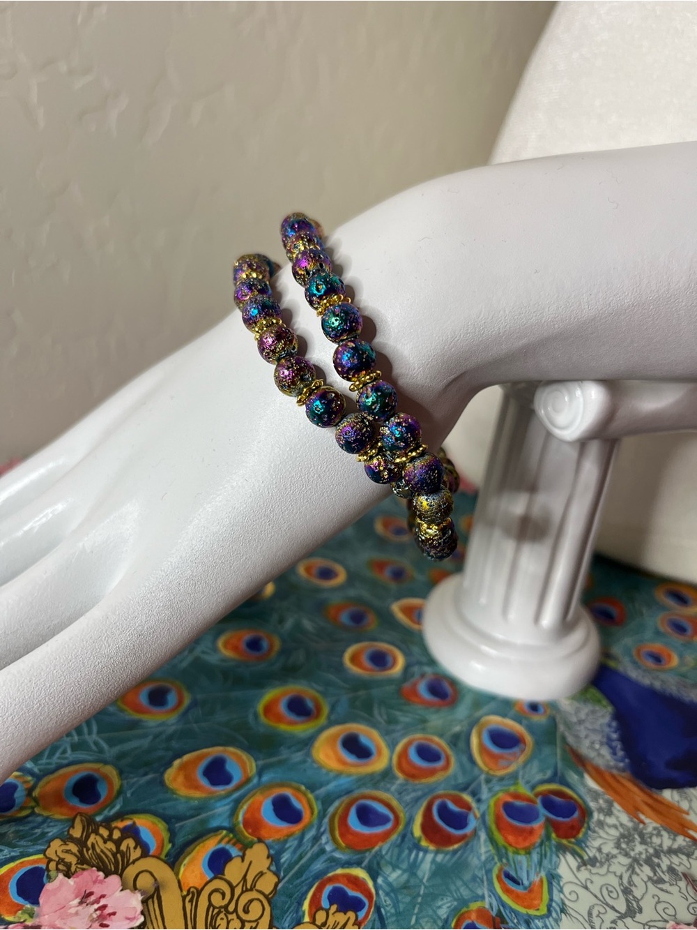 Rainbow Druzy Bracelet & Earrings Set Gold Accents Handmade Sparkle Jewelry - Picture 2 of 9